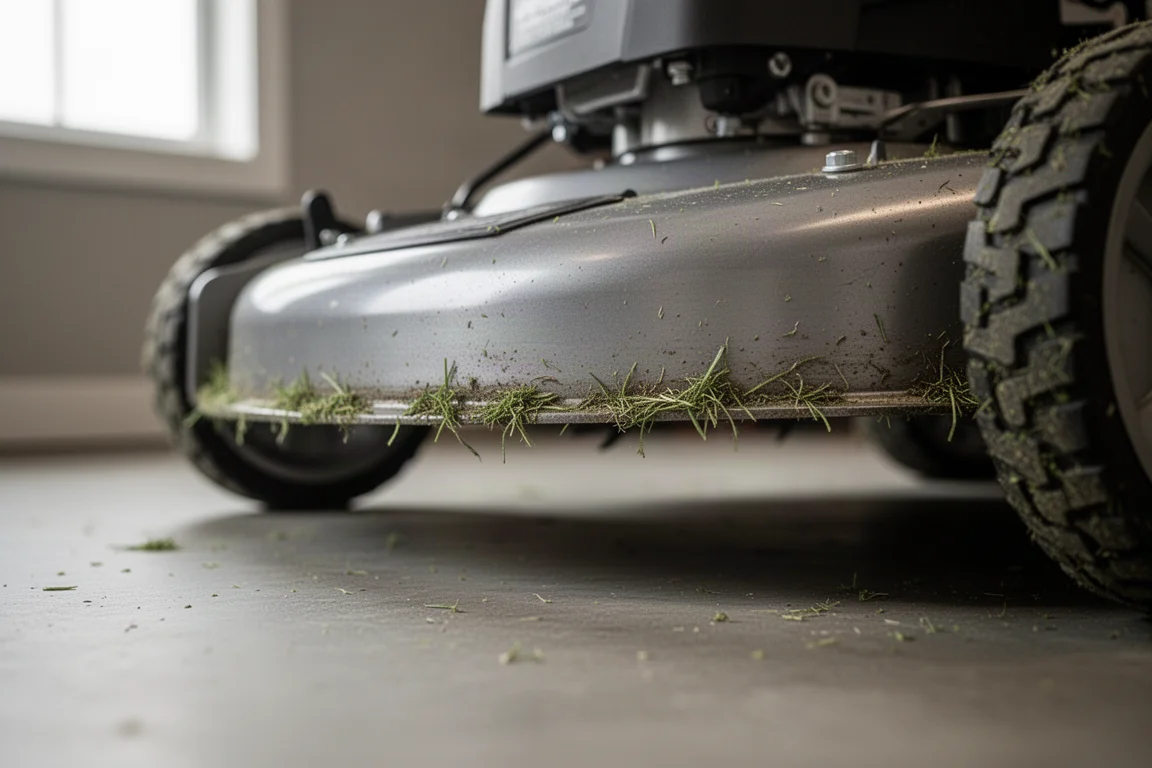 Nahaufnahme des Mähdecks und des Messerbereichs eines Rasenmähers