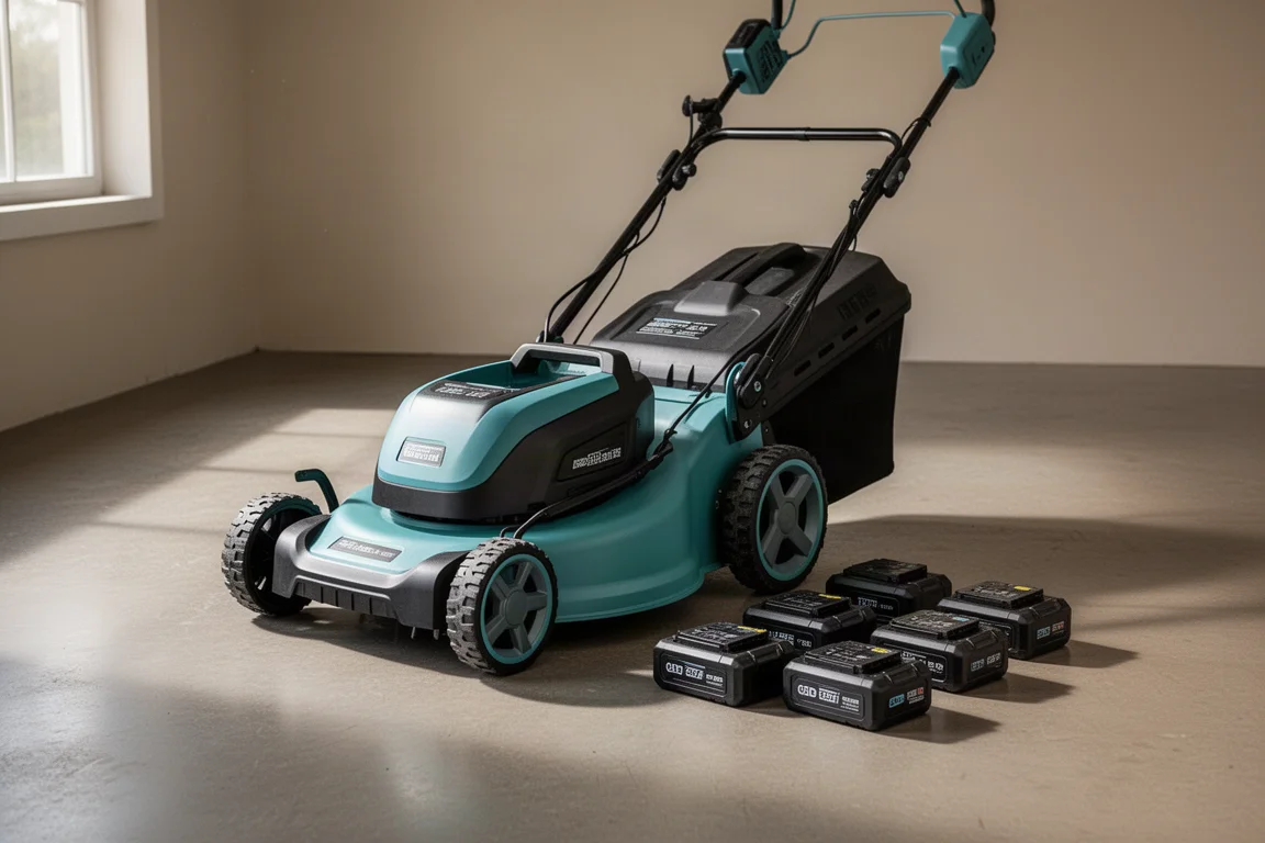 Akumulatorowa kosiarka do trawy z czterema pakietami akumulatorów na podłodze garażu