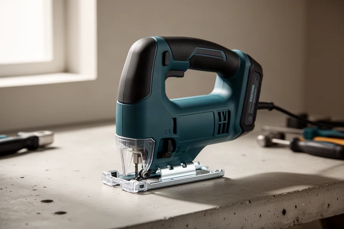 Cordless jigsaw with D-handle and teal and black housing on a concrete workbench