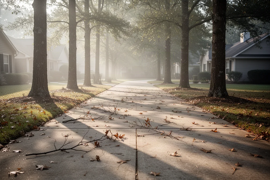 Long driveway scattered with leaves and tree debris in soft morning light