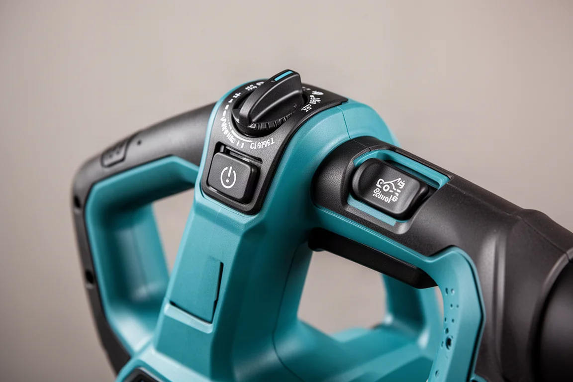 Close-up of a blower handle with variable speed dial and cruise control lever