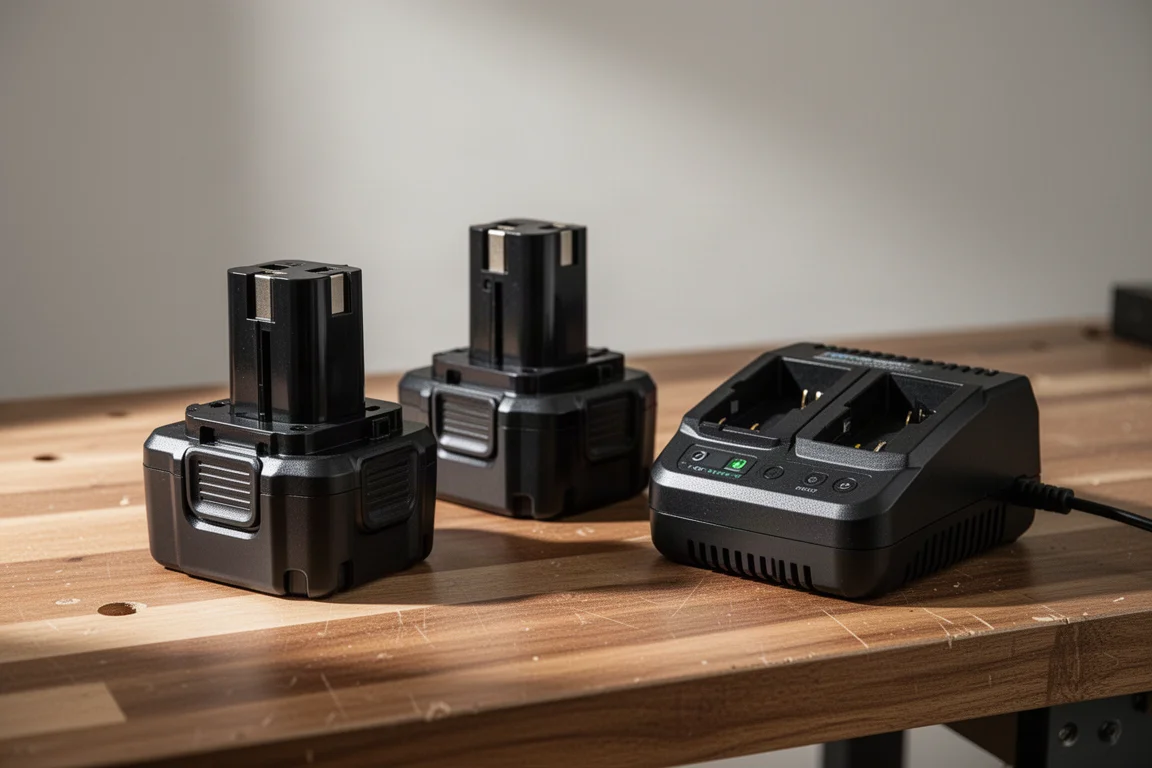Two battery packs of different capacities beside a dual-slot charger on a workbench