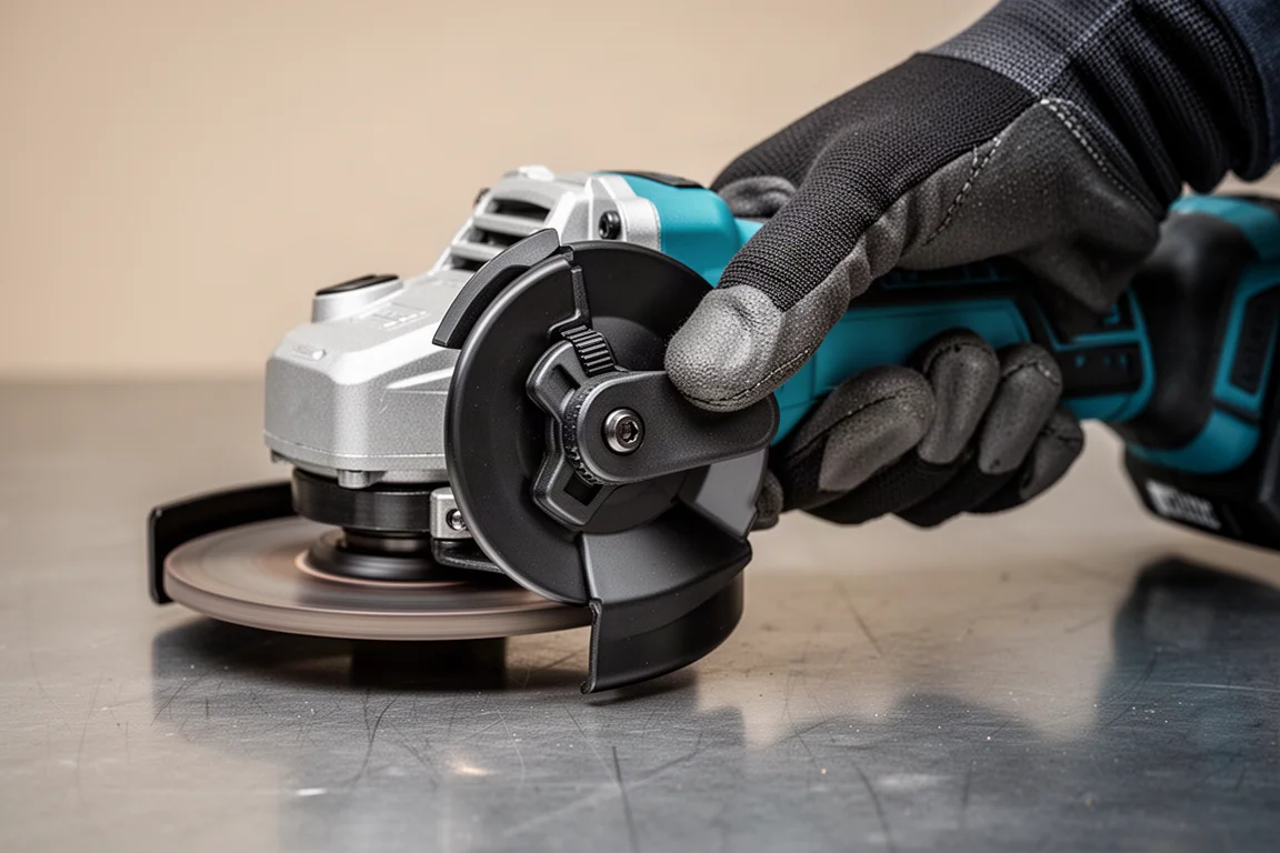 Toolless grinder guard being rotated into position on a cordless angle grinder