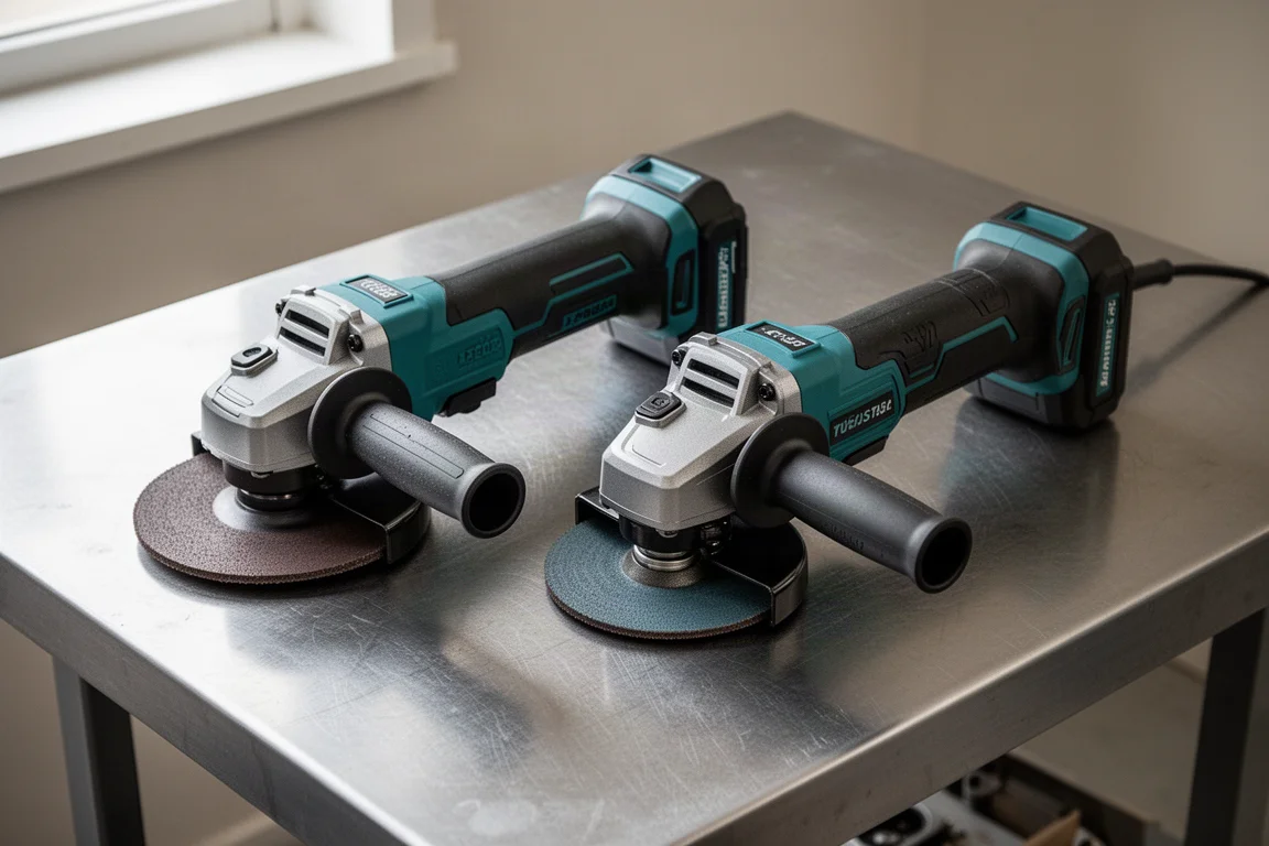 Two cordless angle grinders side by side showing near-identical bodies