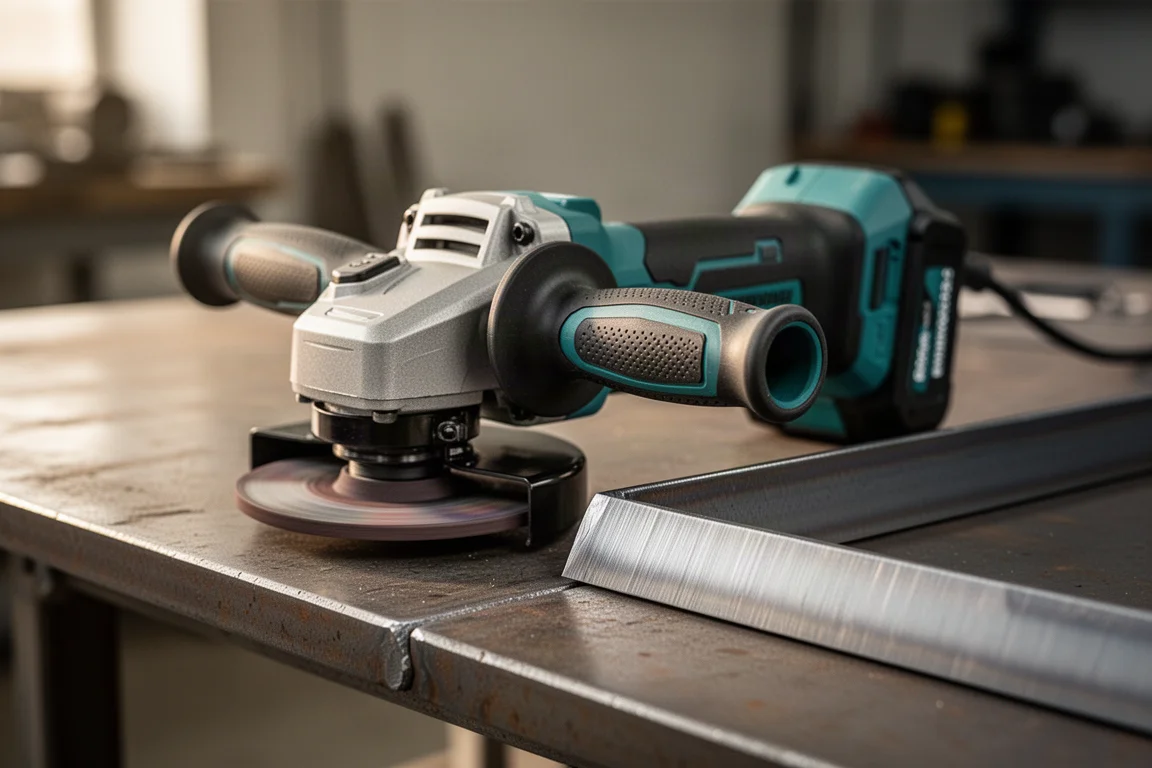 Metal grinding work in progress on a workbench with sparks-free finish