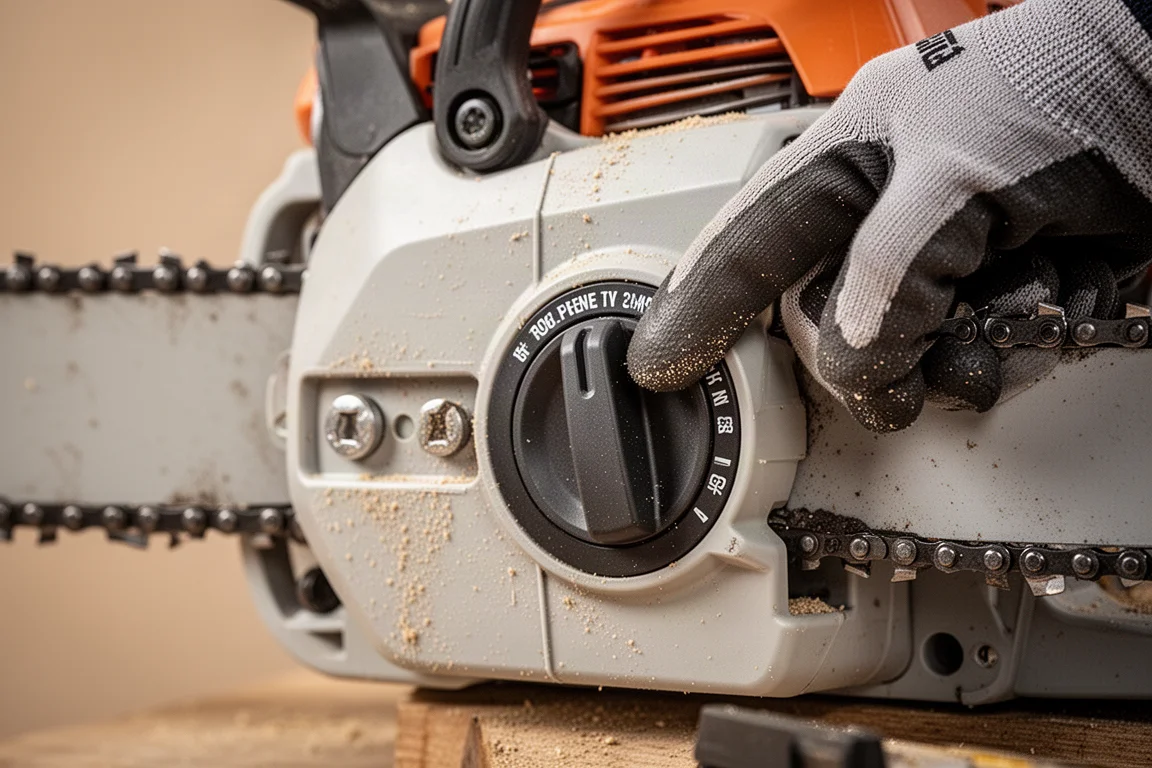 Tool-free chain tensioning dial on a cordless chainsaw side cover