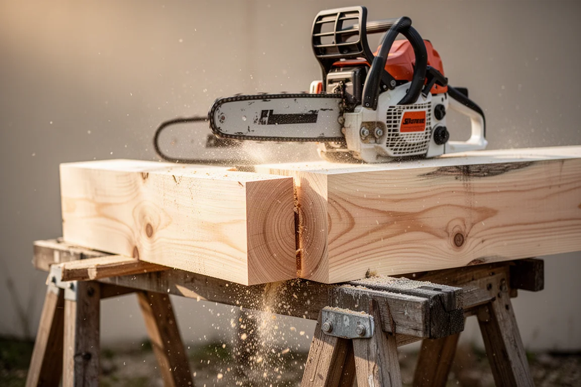 Chainsaw cutting squared pine timber with sawdust spraying