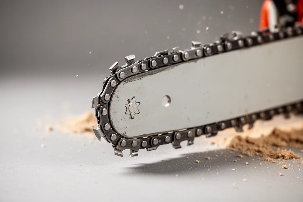 Close-up of a chainsaw guide bar showing engraved chain pitch and gauge markings
