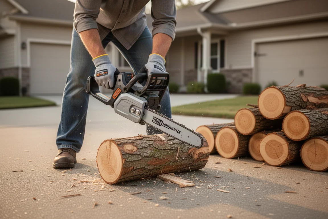 Homeowner bucking a small log in a backyard with a cordless chainsaw
