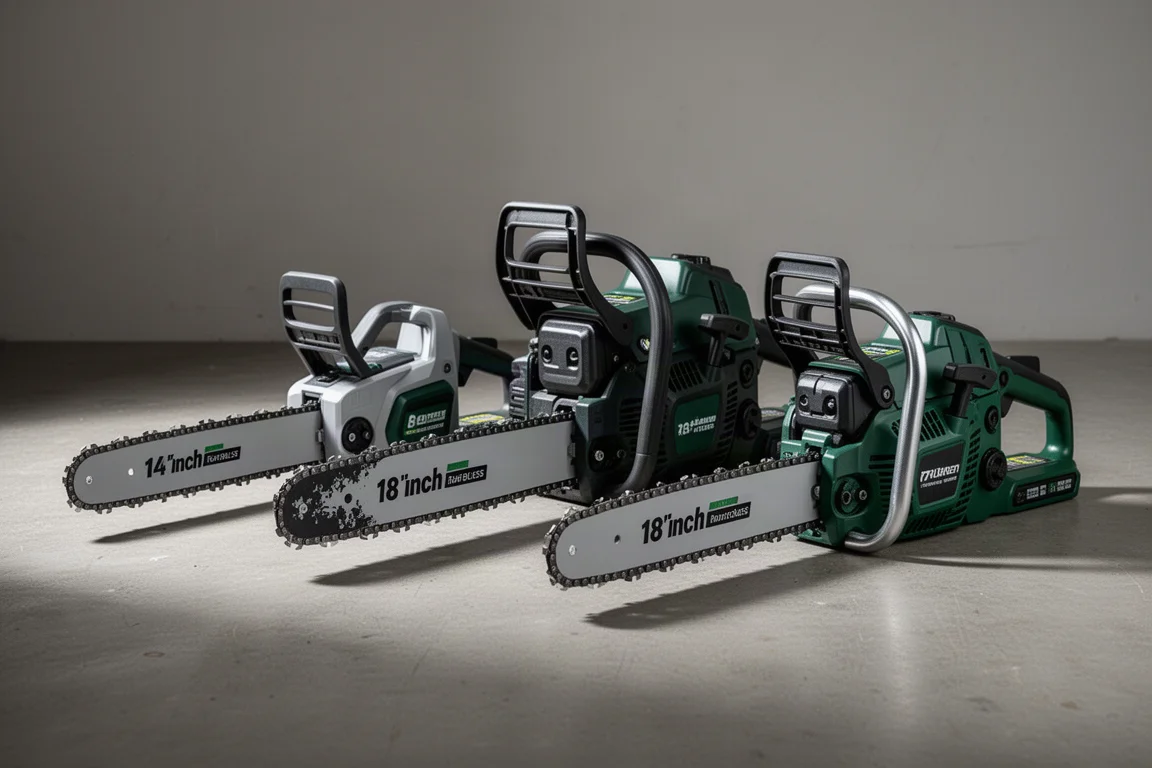 Three Makita cordless chainsaws of different sizes on a concrete workshop floor