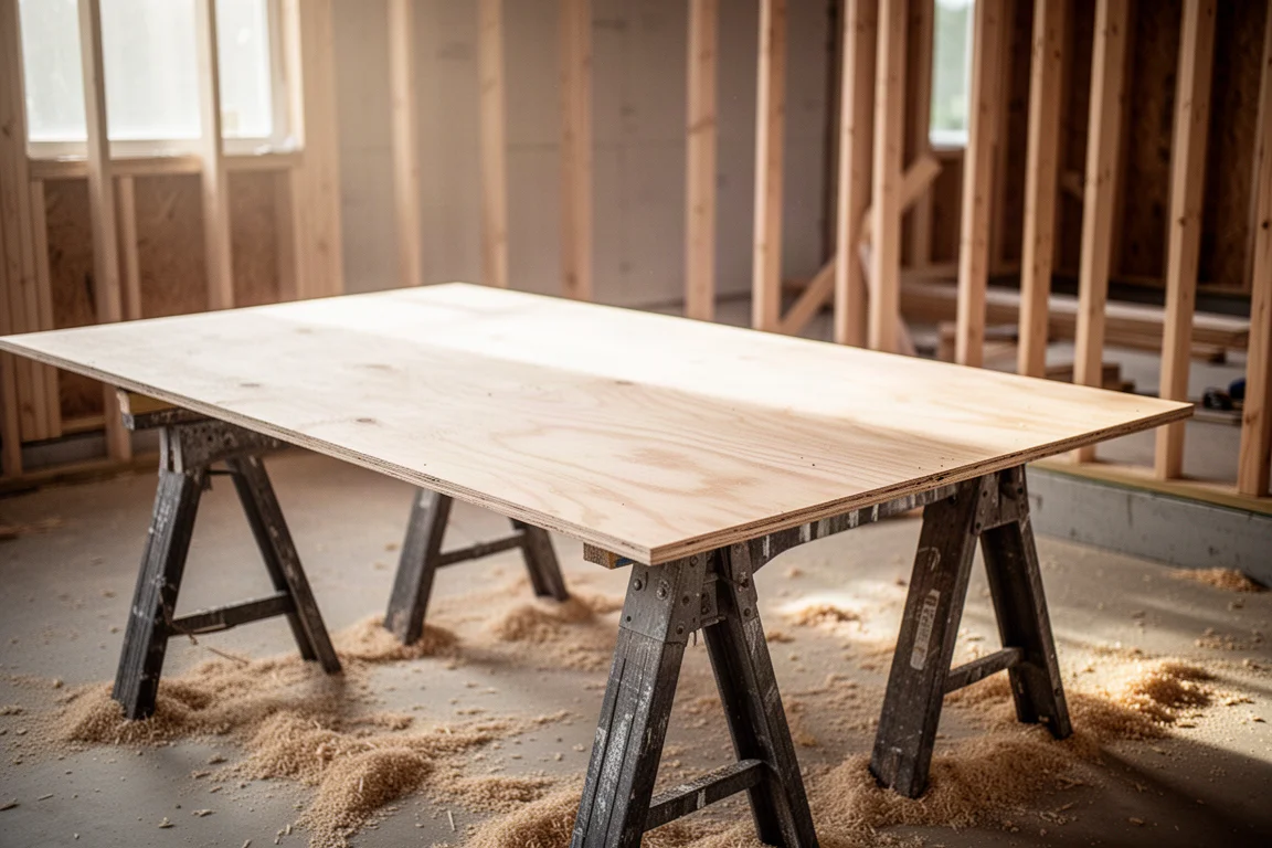 Framer cutting a sheet of plywood on sawhorses at a residential framing site