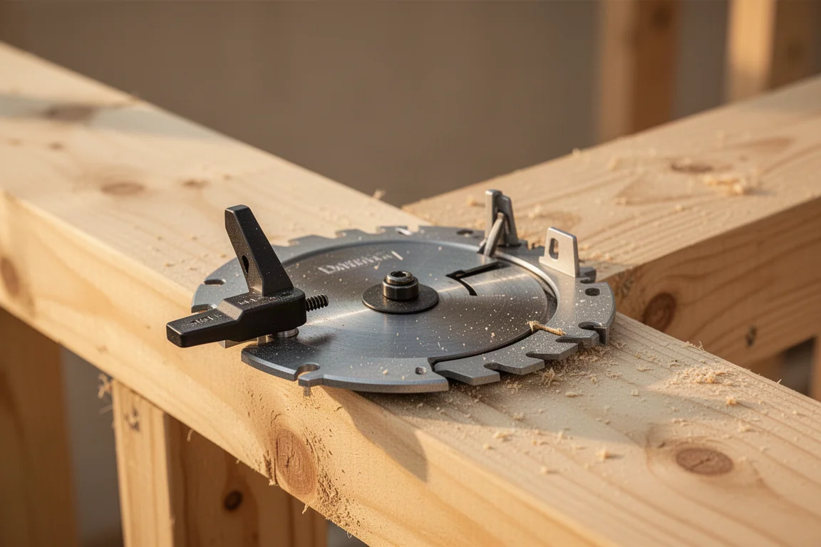 Close-up of a circular saw base plate and depth adjustment lever