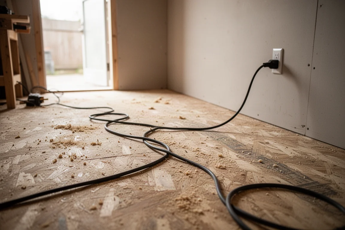 Corded circular saw power cord stretched across a workshop floor