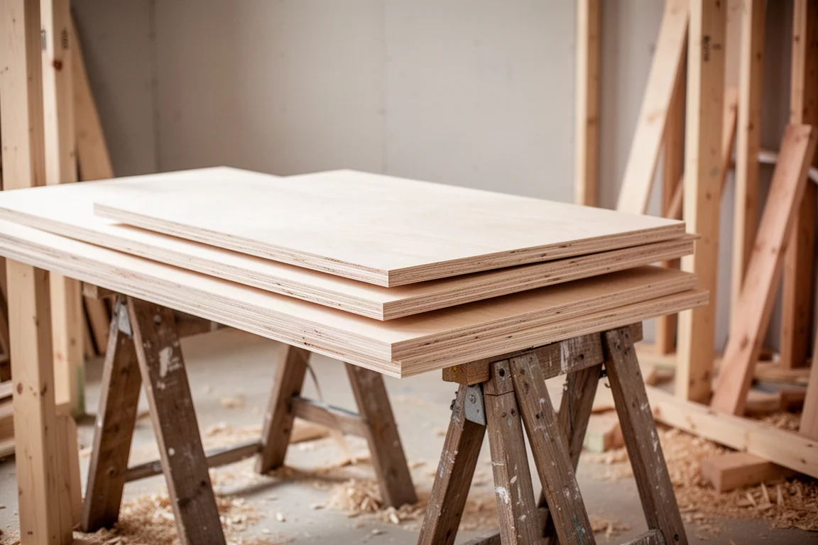 Stacked sheets of plywood on sawhorses ready for cutting