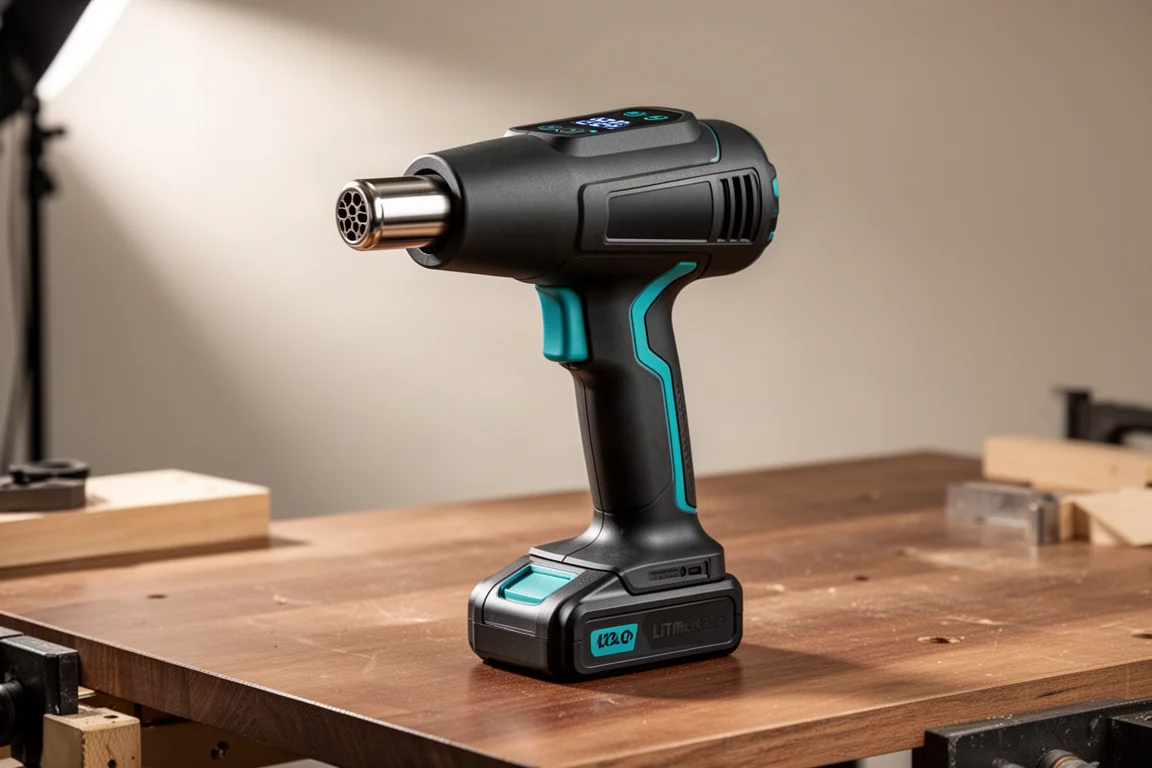 Makita 40V cordless heat gun standing on a wooden workshop desk