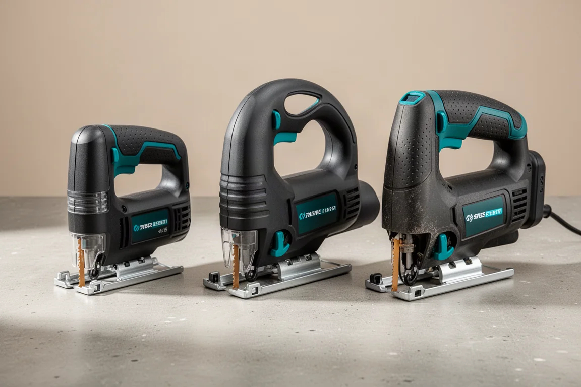 Three Makita jigsaws, barrel grip and two D-handle models, on a concrete surface