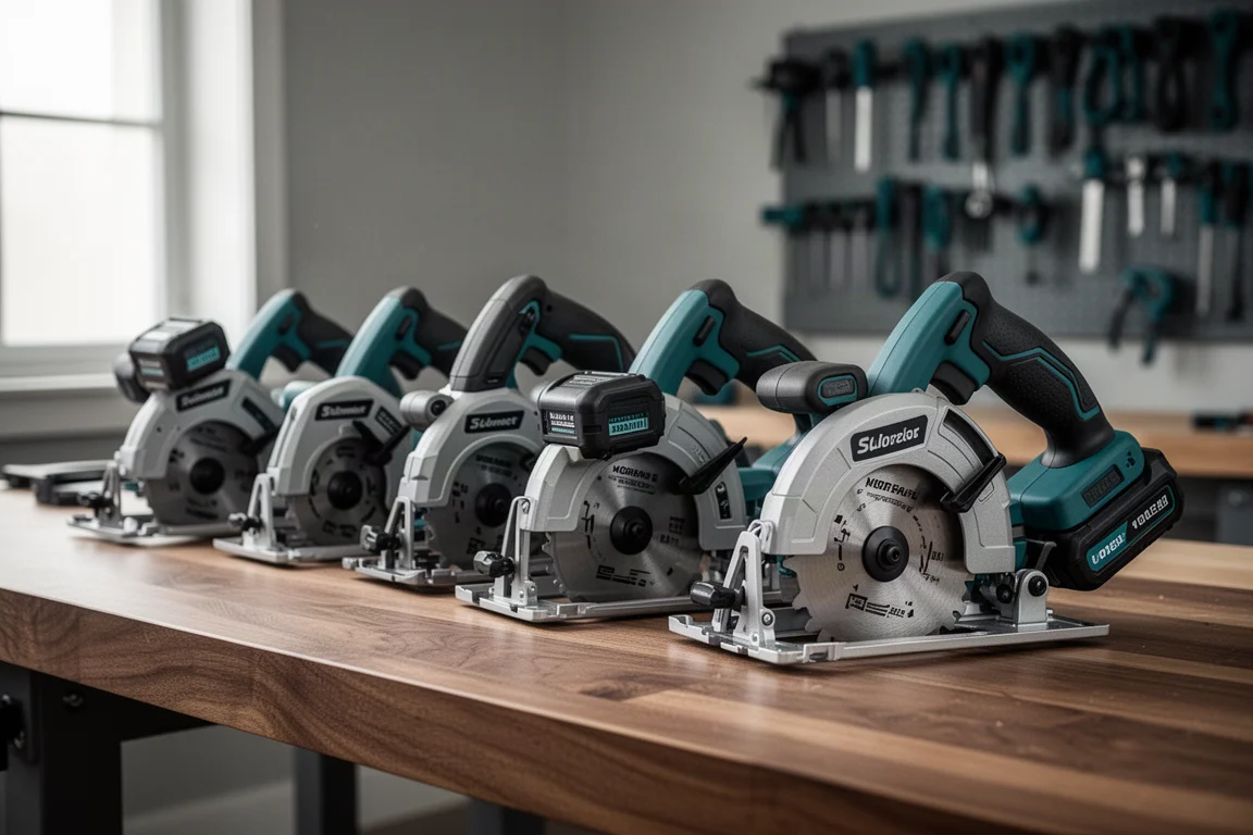 A lineup of cordless circular saws on a workshop bench in soft daylight