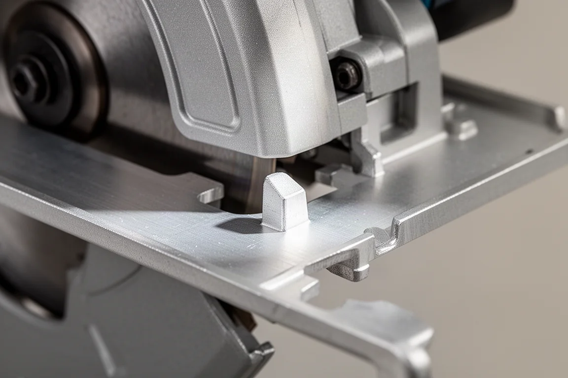 Close-up of a circular saw base plate showing a cutout around the motor housing