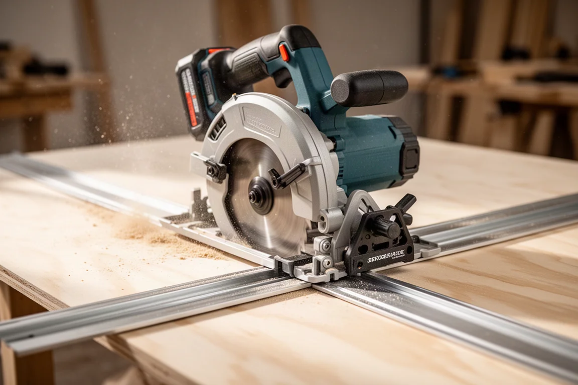 Circular saw running along a guide rail cutting plywood in a workshop
