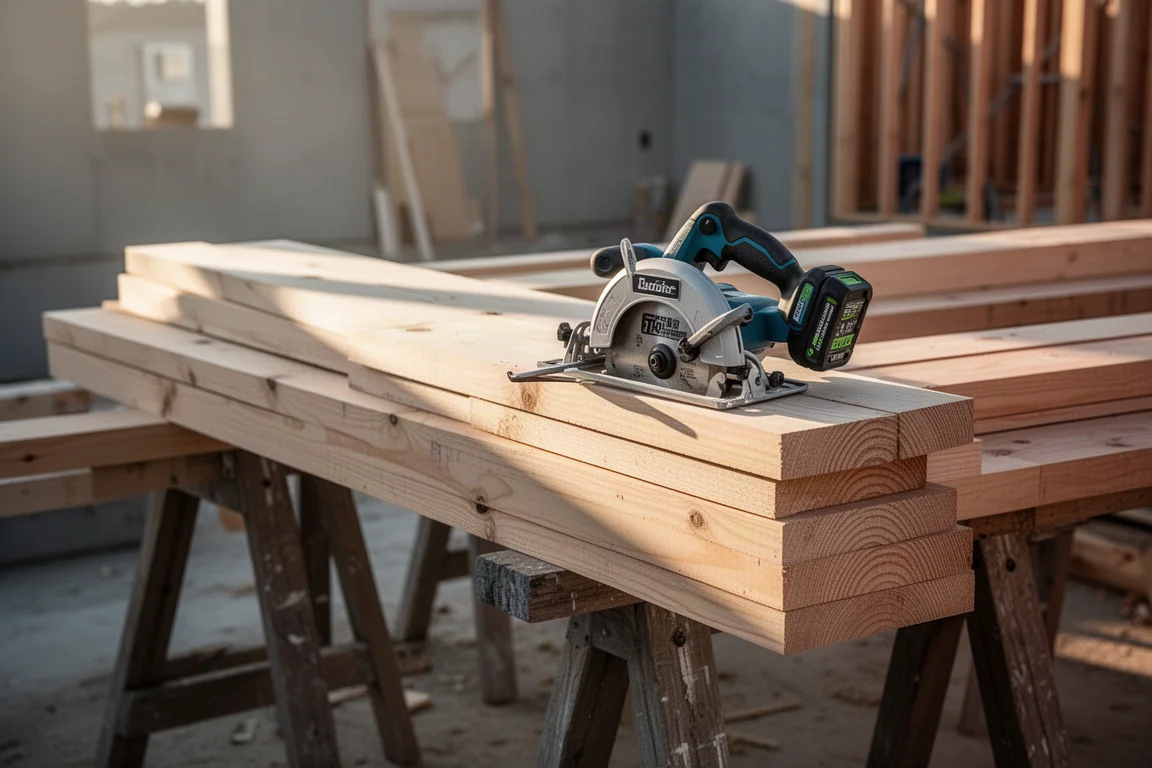 Carpenter framing timber at a building site with a cordless saw resting nearby