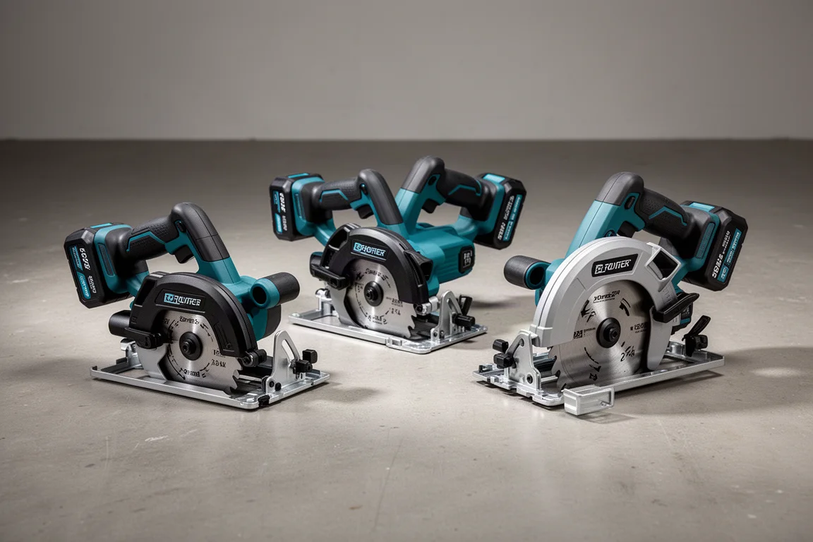 Three Makita circular saws arranged on a concrete workshop floor