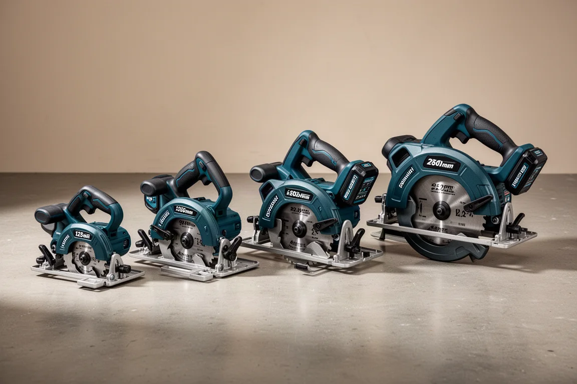 Five cordless circular saws arranged in a size lineup on a concrete workshop floor