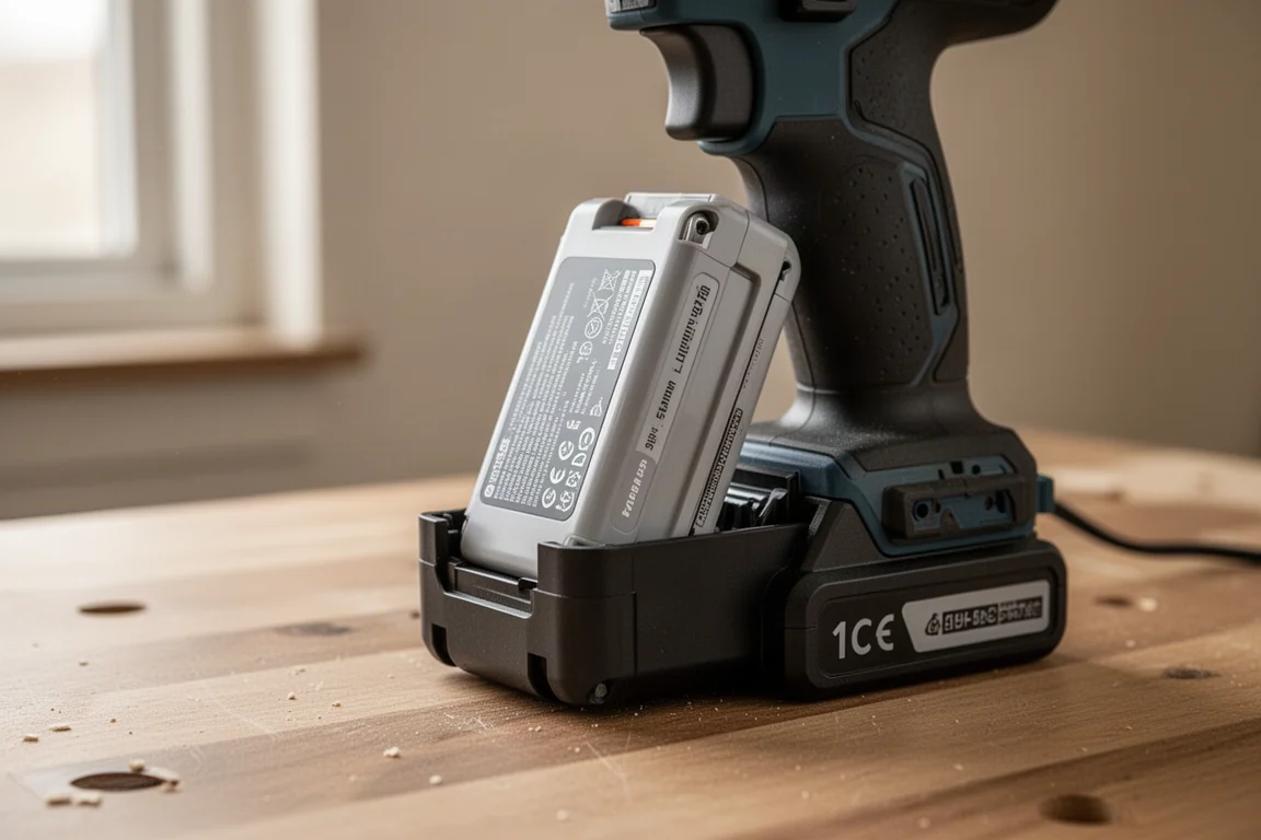 電動工具のグリップにバッテリーパックを挿入している様子