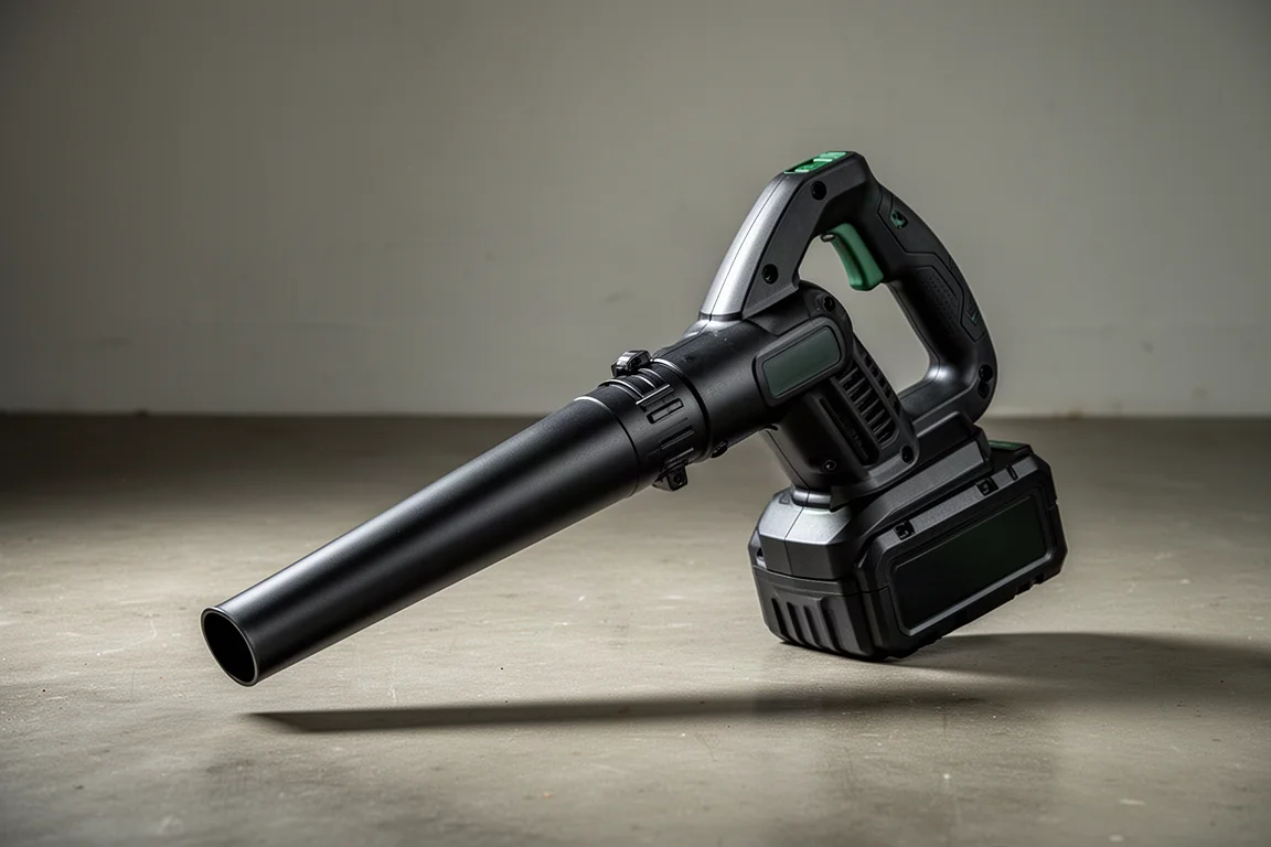 Makita 40V cordless leaf blower standing on a concrete workshop floor