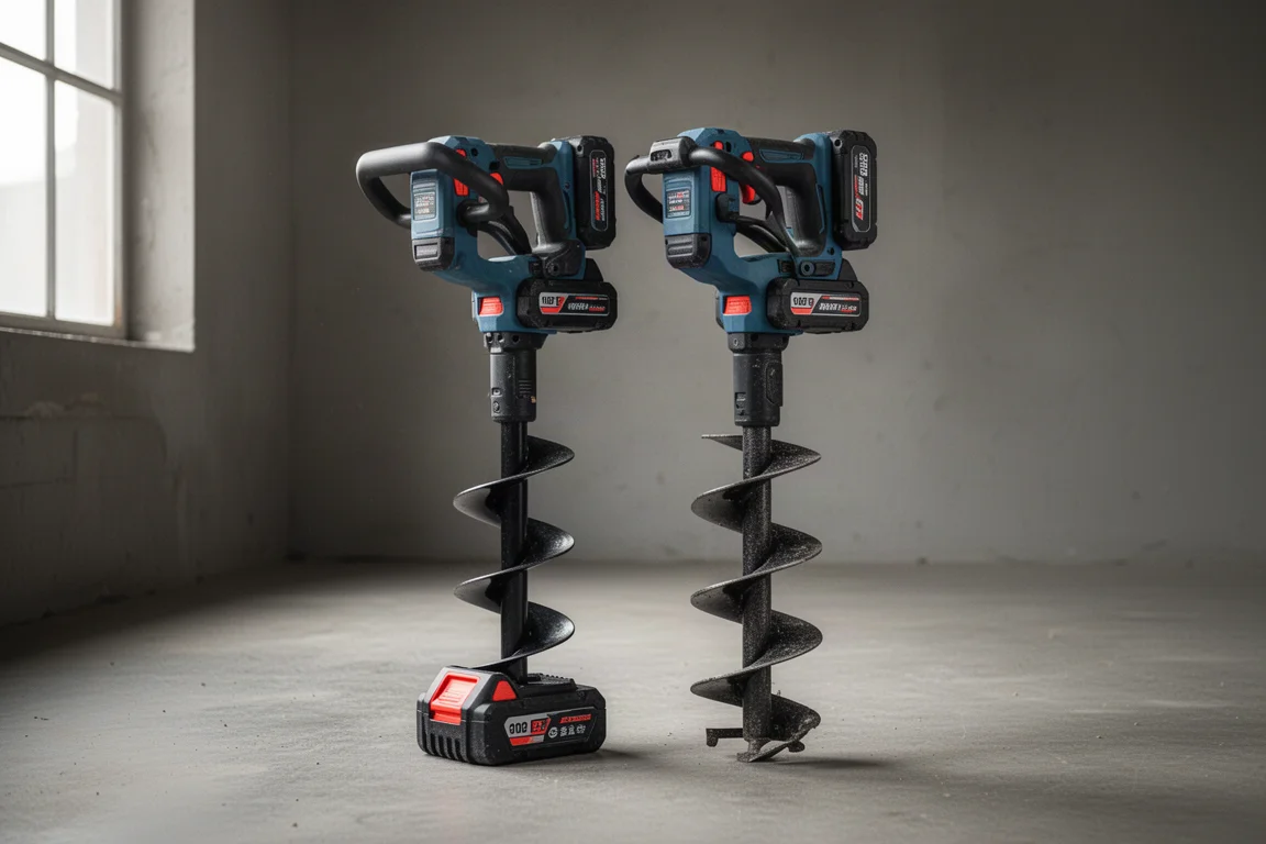 Two cordless earth augers standing side by side on a concrete workshop floor