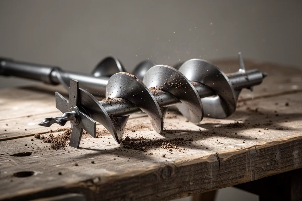 Close-up of a double spiral auger bit with angled cutting blades