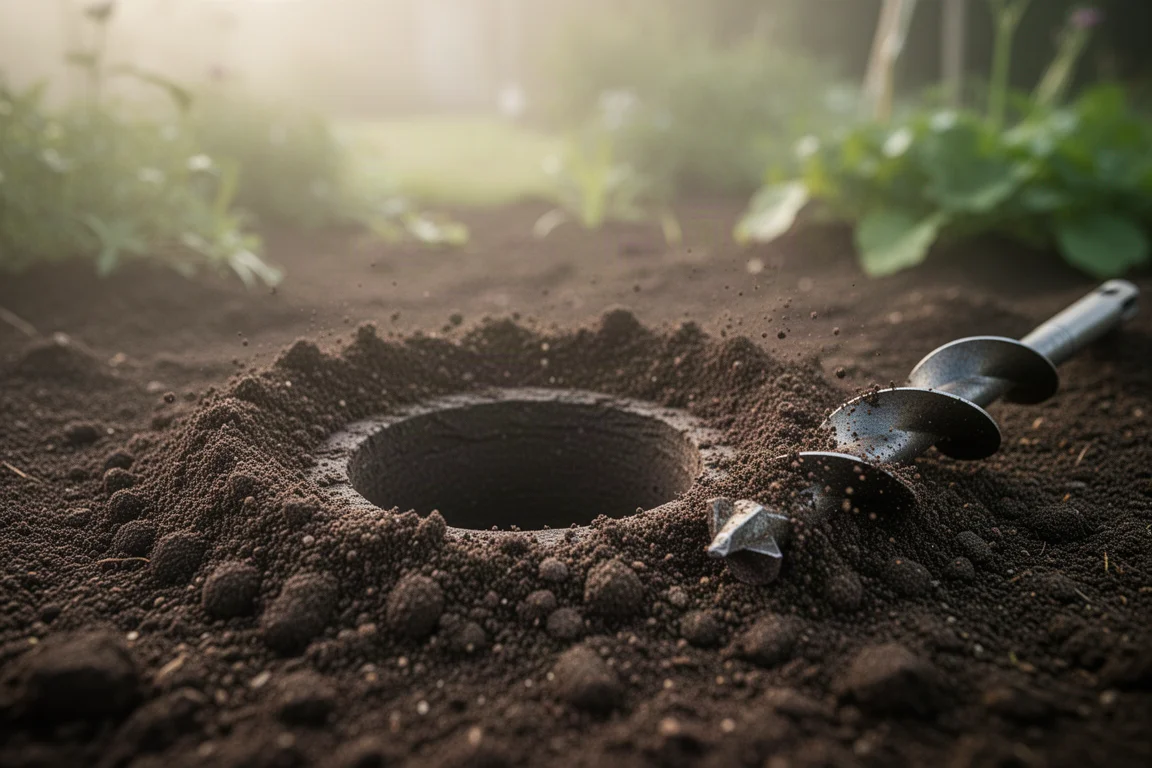 Freshly drilled hole in dark garden soil with loose dirt ejected around it