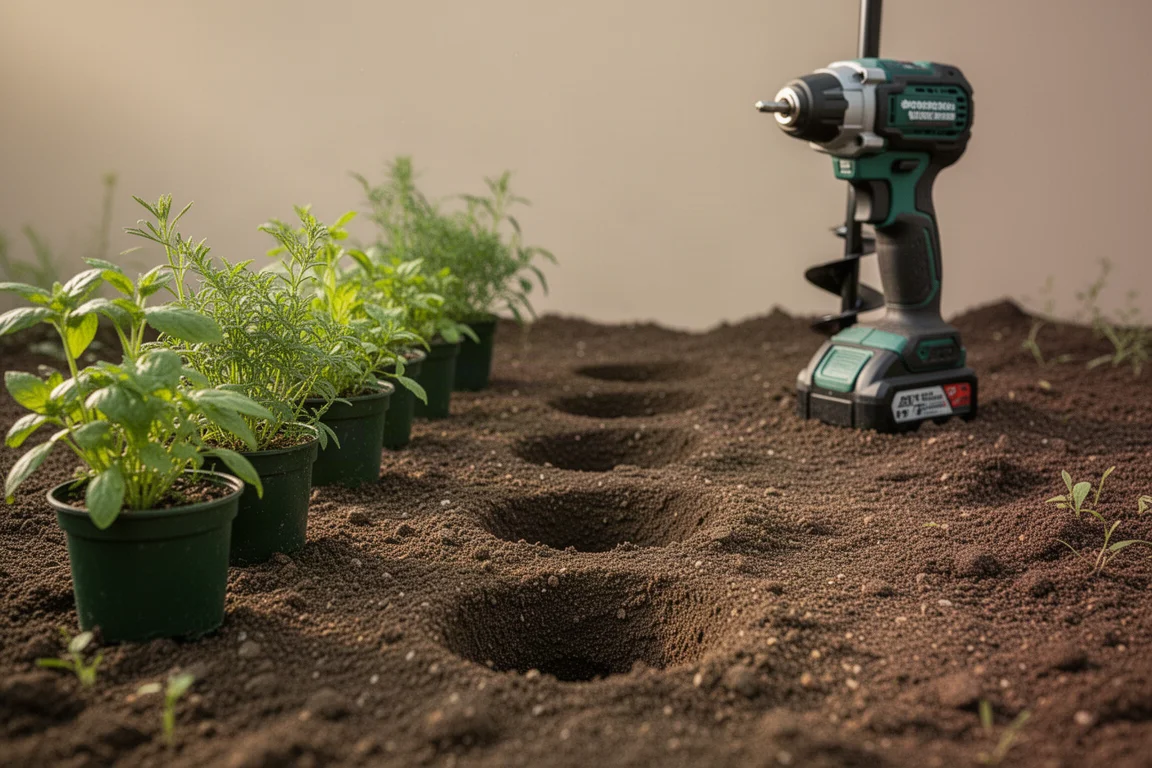 Gardener preparing to plant in a row of freshly drilled holes