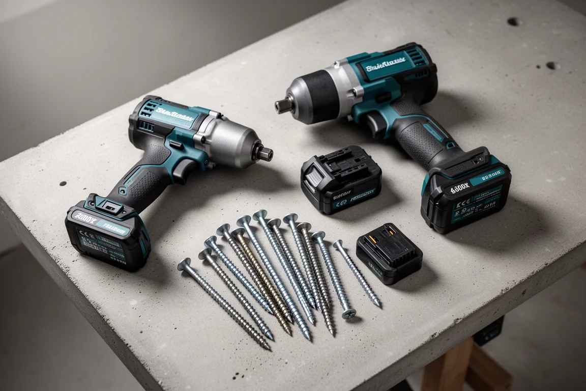 Werkbank-Szene mit Akkuschlagschrauber, Akkus und Konstruktionsschrauben