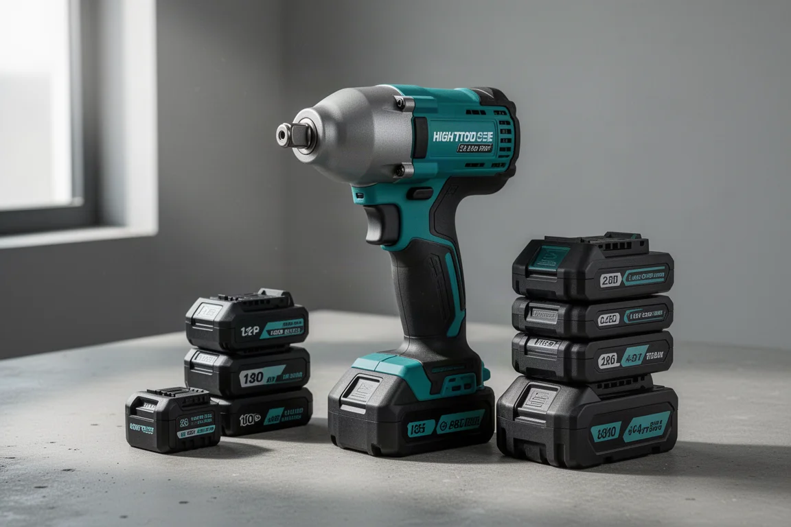 Cordless impact wrench with a range of power tool batteries on a concrete workshop surface