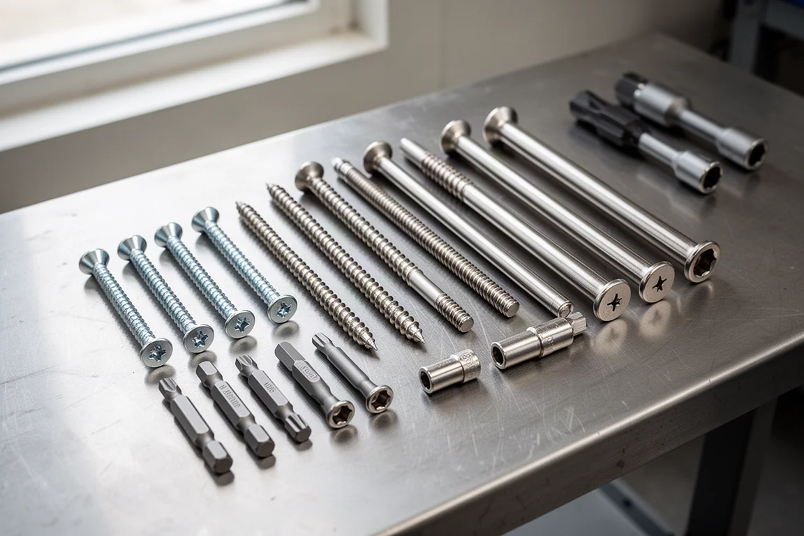 Timber screws of increasing length and diameter lined up on a workbench