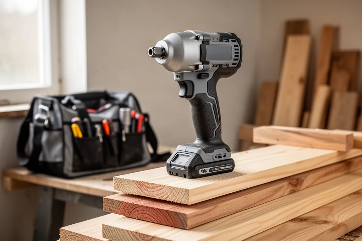 Impact wrench with socket fitted resting on stacked pine boards in a workshop