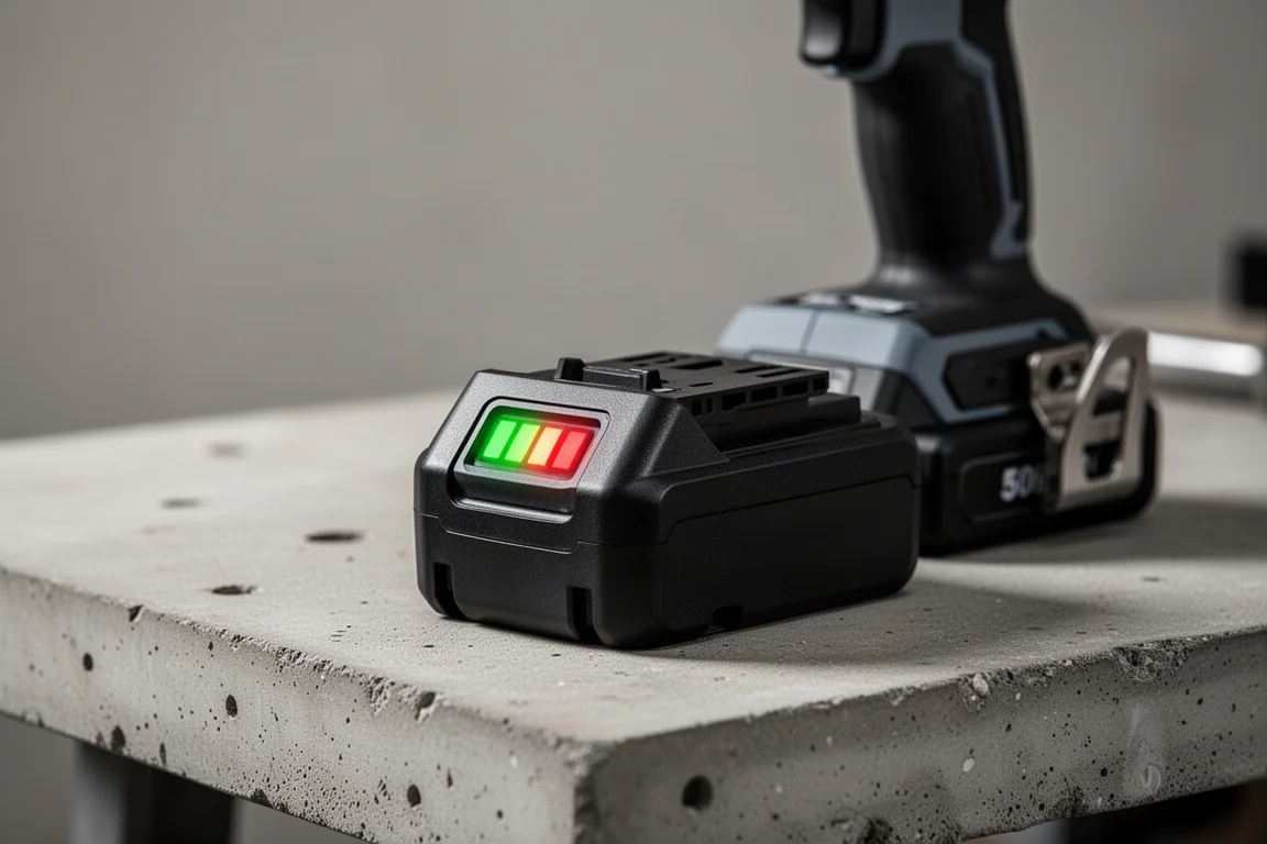 Cordless impact tool and battery pack on a workshop bench with a battery charge gauge visible
