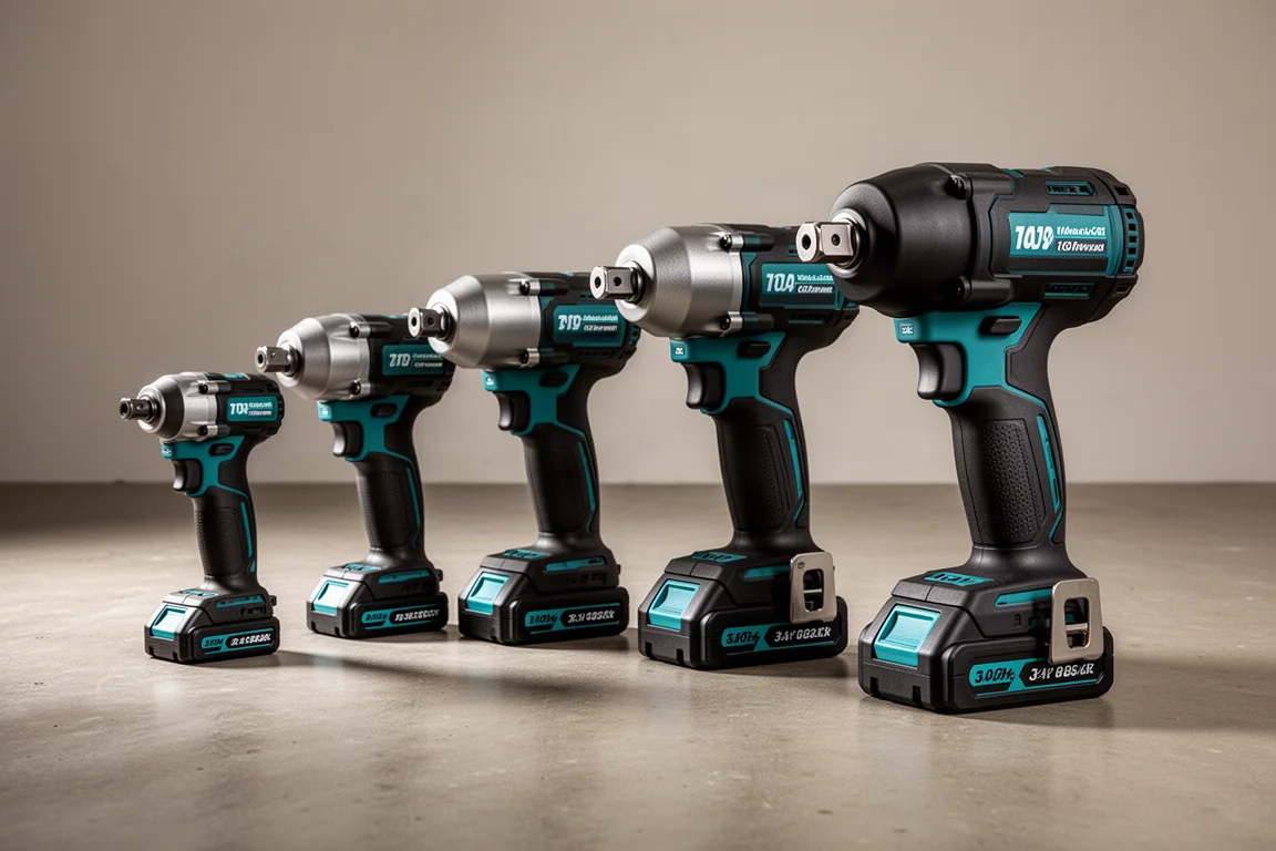 Five Makita 40V XGT impact tools lined up on a concrete floor from smallest to largest