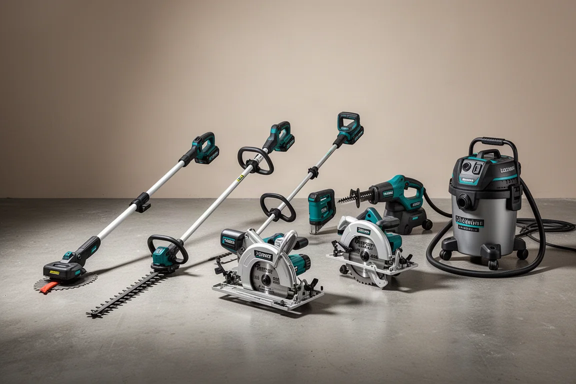 Collection of Makita 40V cordless power tools arranged on a concrete workshop floor