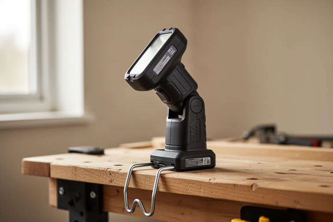 Kop van een werklicht naar boven gekanteld, met zichtbaar bewegingsbereik