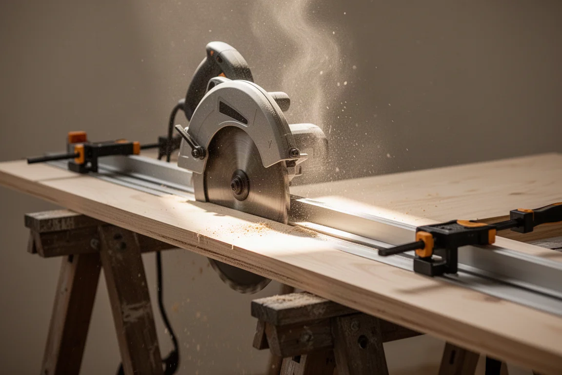 Carpenter guiding a circular saw along a rip fence on a sheet of lumber
