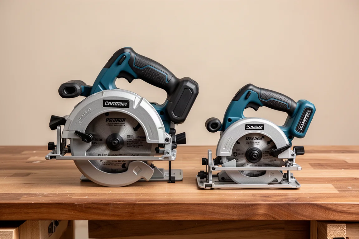 Two cordless circular saws of different sizes on a workbench showing the size difference
