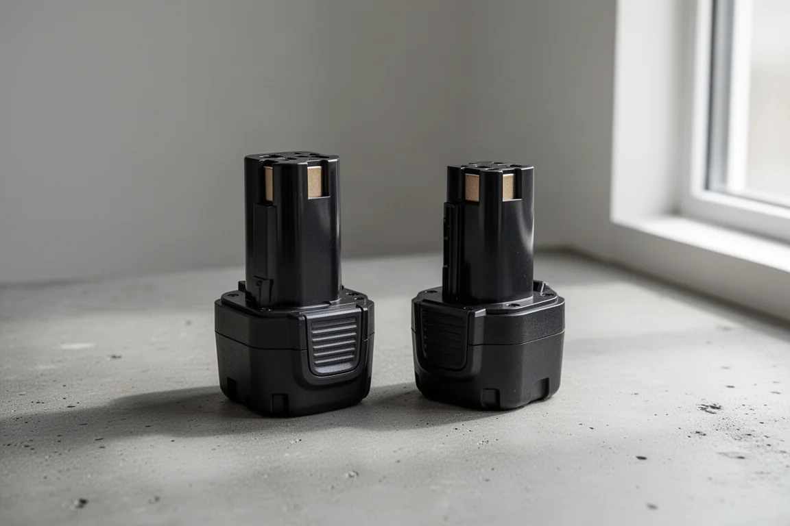 Two cordless tool batteries stacked on a concrete surface