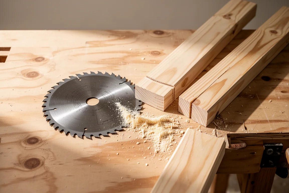 Framing lumber and a circular saw blade lying on a workshop bench
