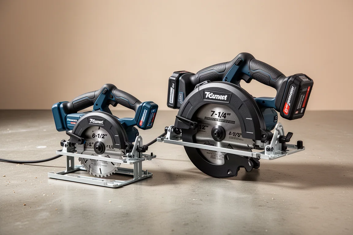 Two Makita circular saws of different sizes side by side on a concrete floor