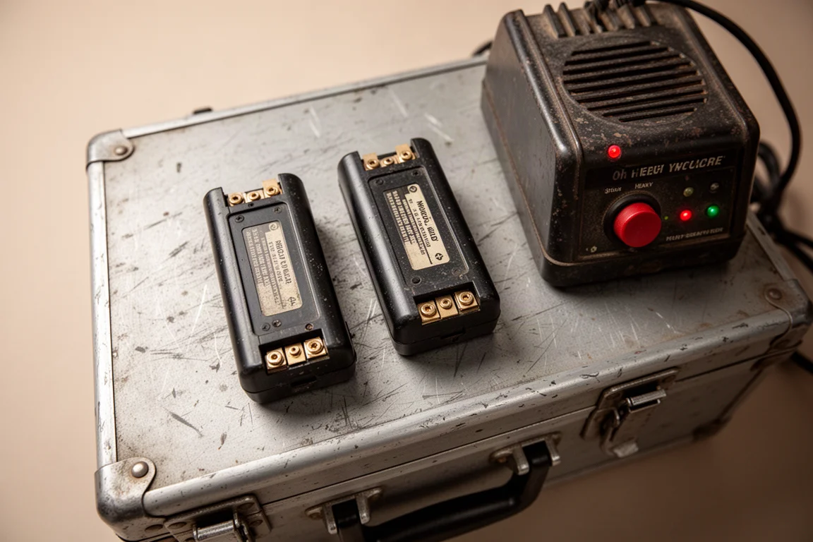 Twee vintage NiCd-accupacks in stiftvorm rustend op een metalen koffertdeksel