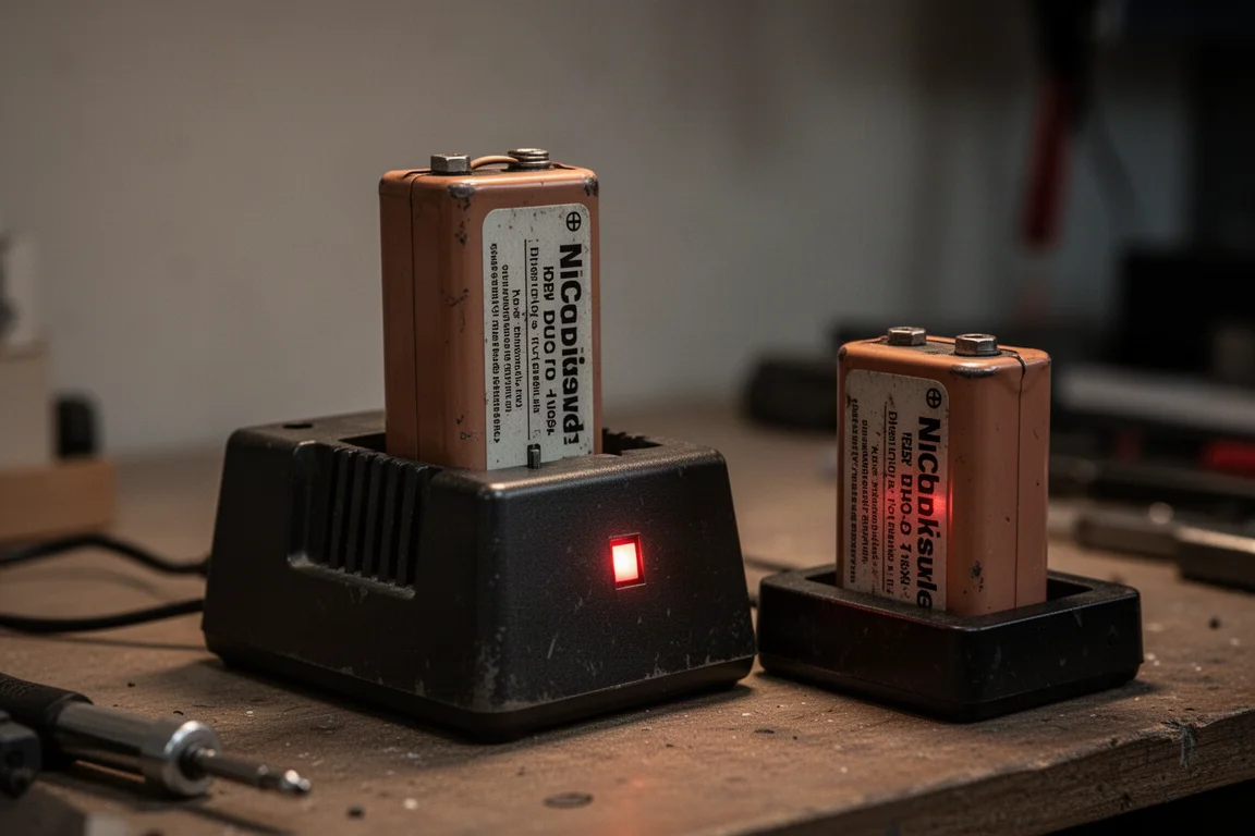 Een vintage NiCd-accu in een oude lader met brandende indicator-leds