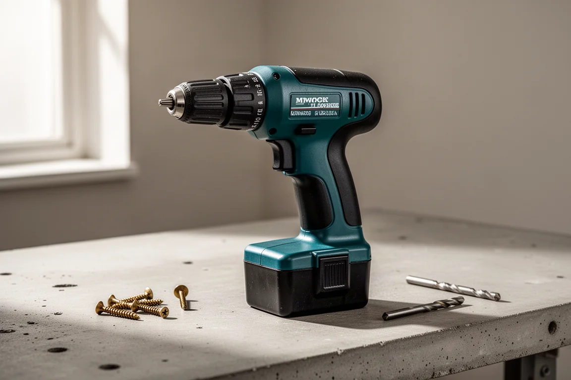 Vintage Makita 6093D Akkuschrauber auf einer Werkbank mit seinem Original-Akku