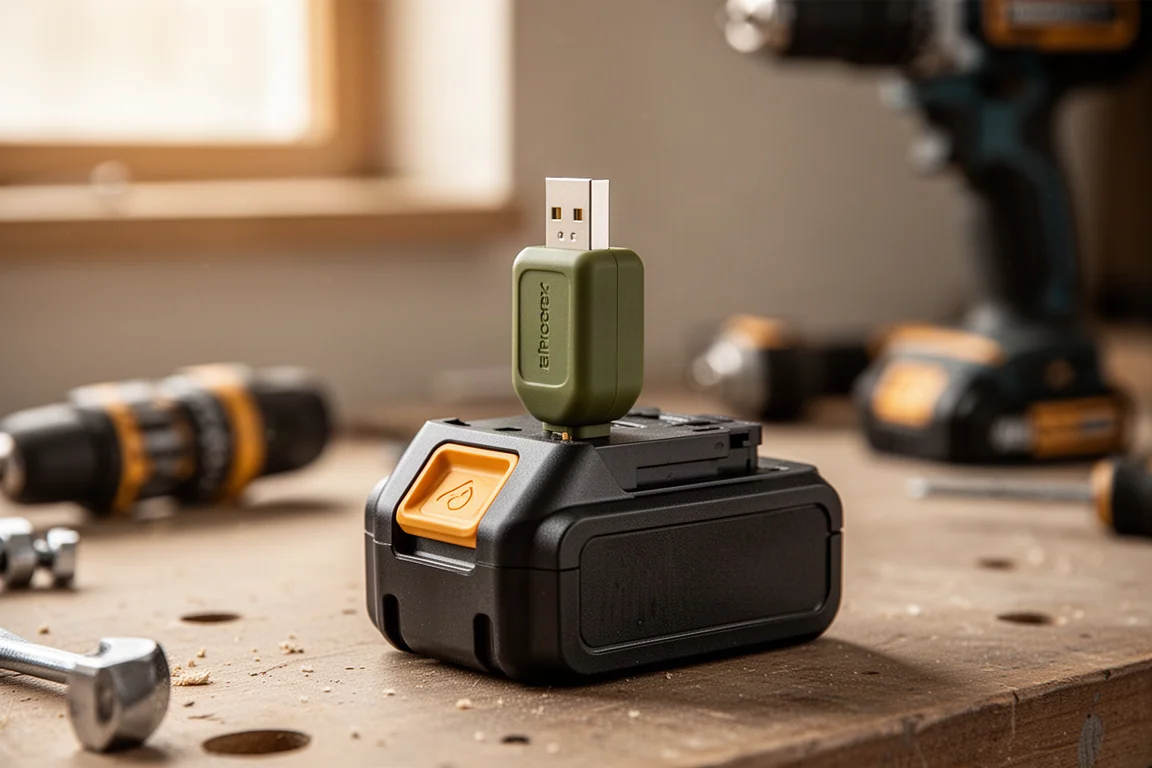 USB 電池轉接器頂蓋夾在無線電動工具電池上