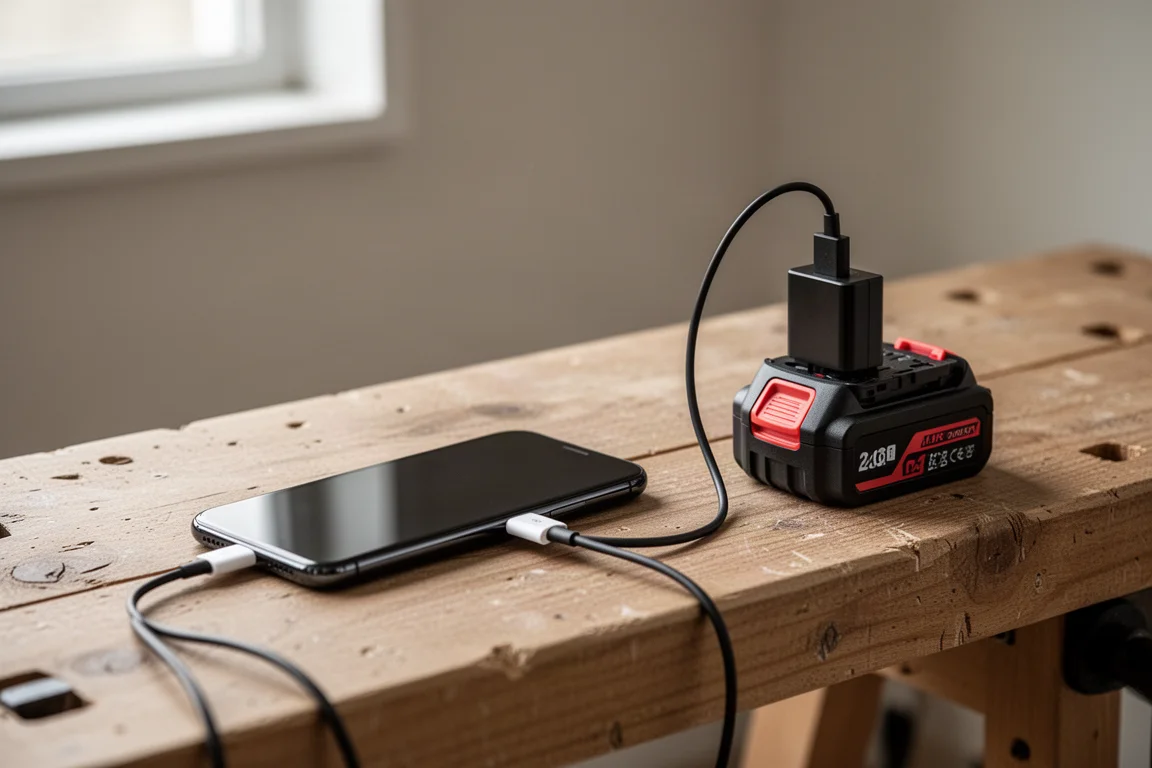 透過連接至電池式 USB 轉接器的線材為手機充電